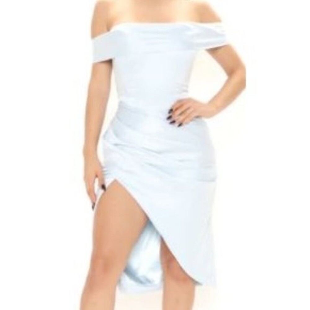 Satin Dress Fashion Nova Light Blue Formal Dress Size XL Off Shoulder Wave Hello